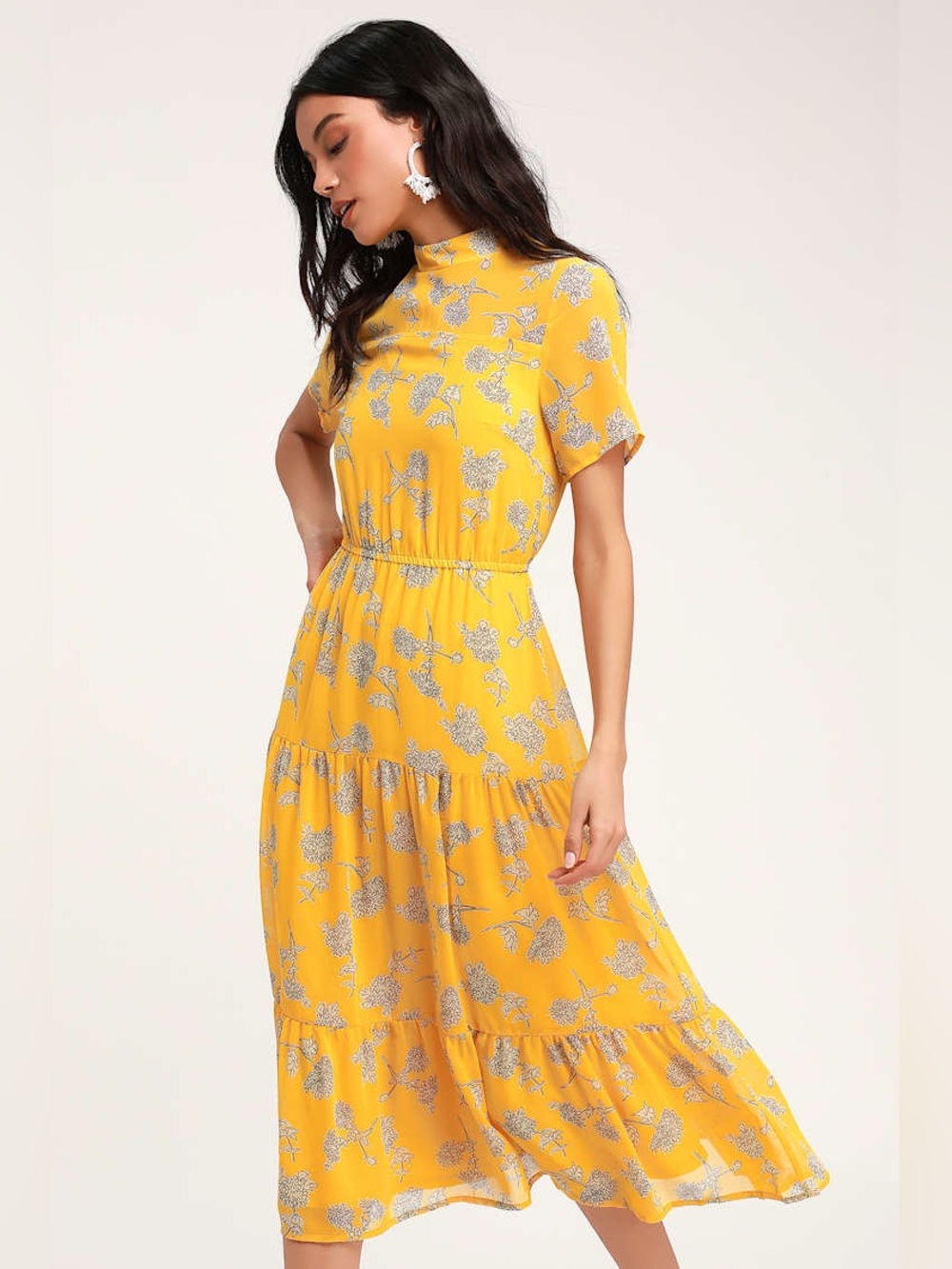 Lulus | Floral Dressed Up Mustard Yellow Floral Print Midi Dress, M - Picture 2 of 9